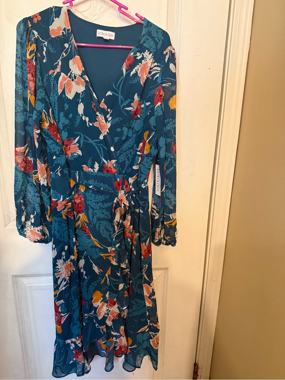Luxology Teal Floral Wrap Dress with Long Sleeves